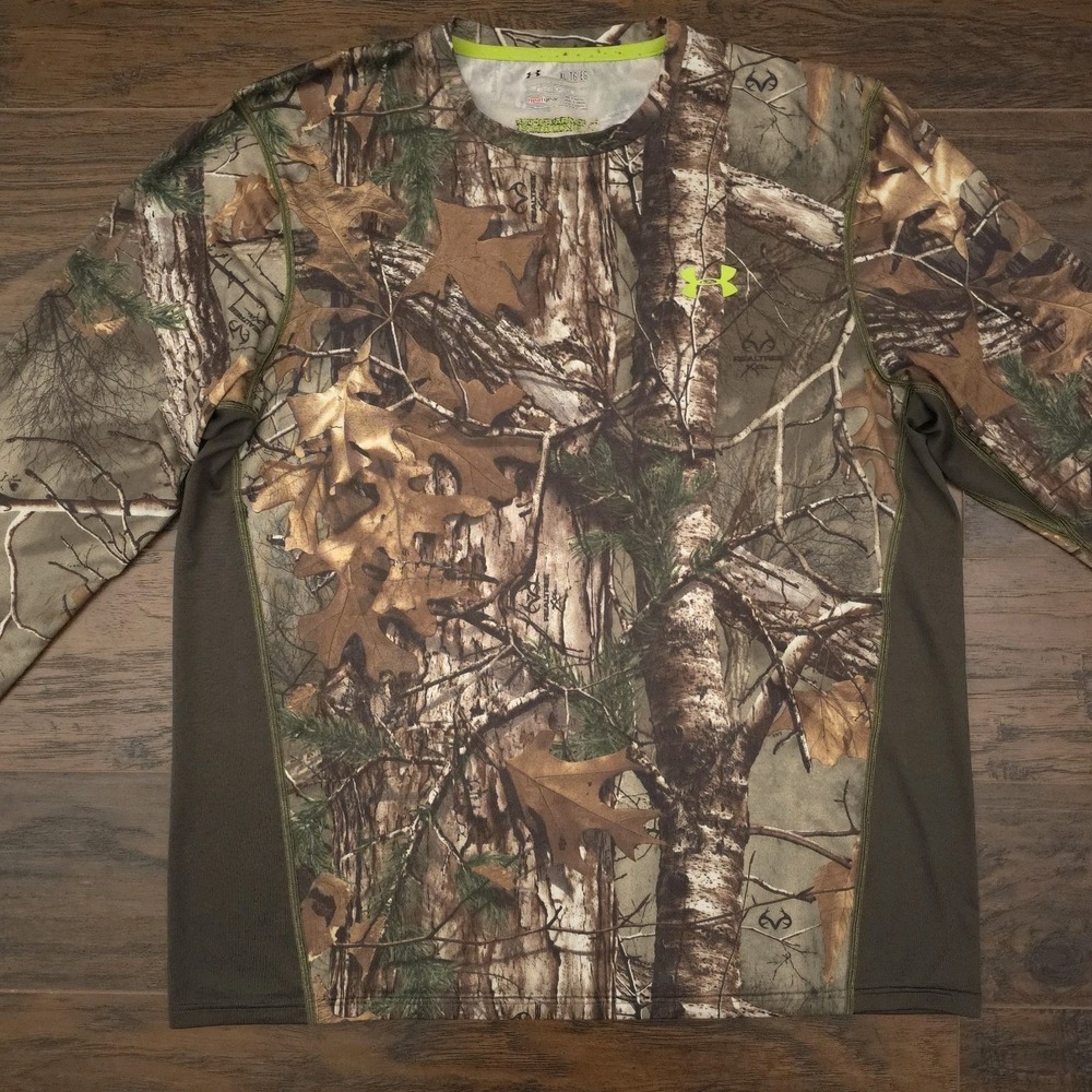 Under Armour Shirt Mens XL Brown Real Tree‎ Scent Control Heat Gear Hunting Top